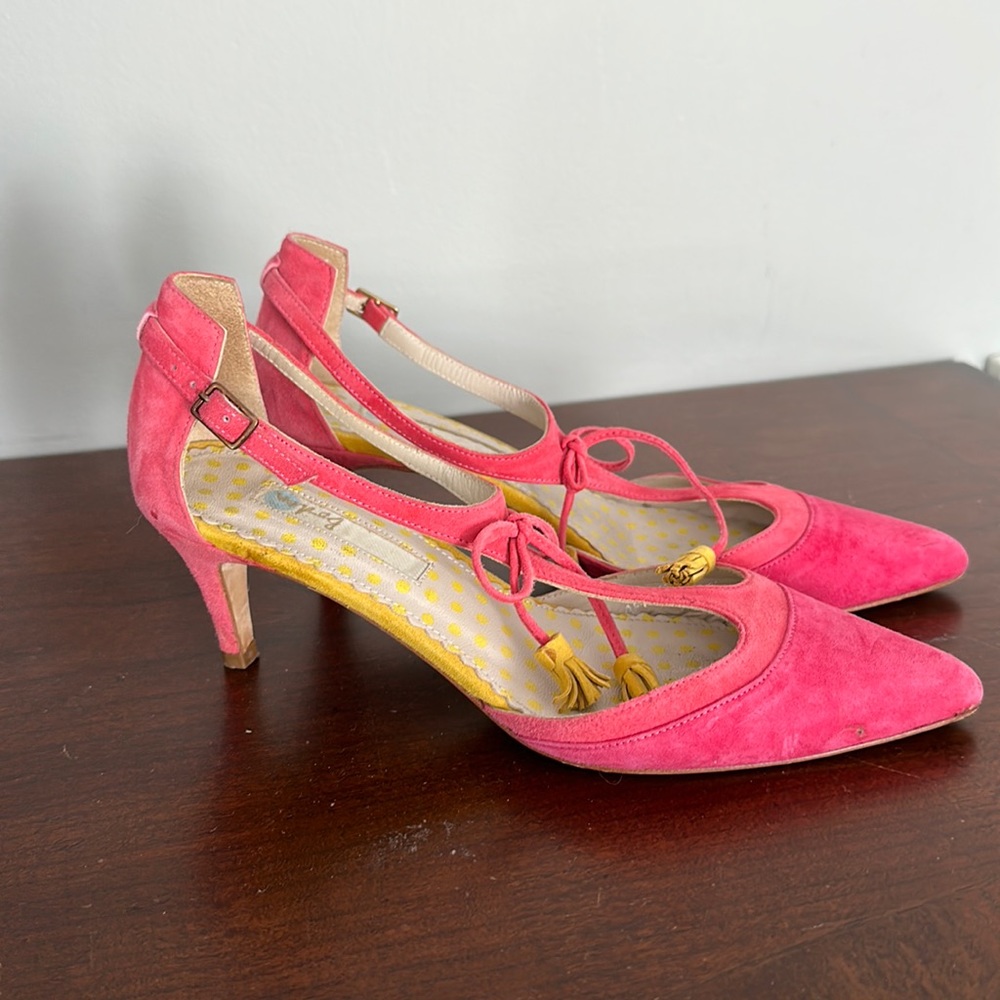Boden suede pink yellow heels tassels Alice